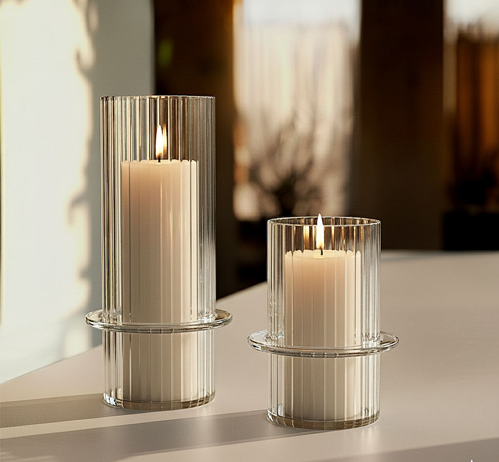 Crystal Ribbed Glass Candle Holders (Set of 2)