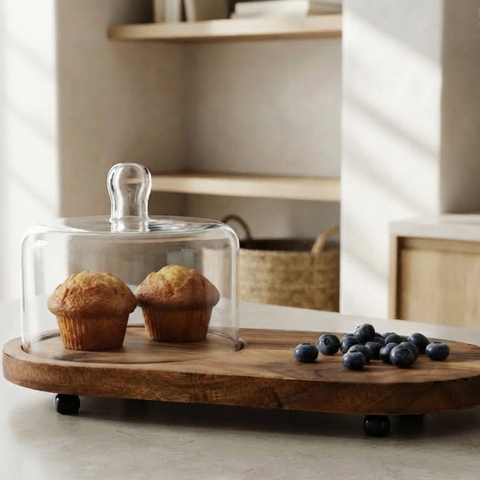 Premium Acacia Wood Oval Serving Board with Glass Cloche Dome – Footed Charcuterie Platter & Cake Display Stand – Elegant Pastry, Cheese, and Snack Tray for Kitchen Countertops & Entertaining
