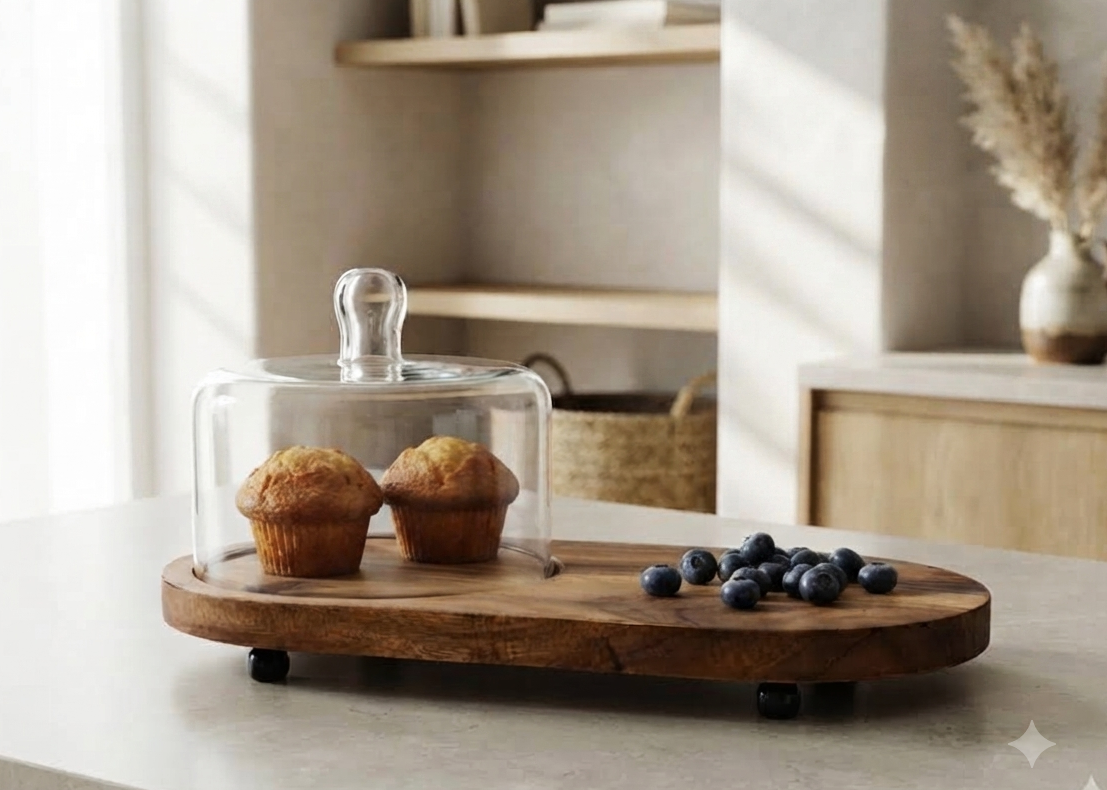 Premium Acacia Wood Oval Serving Board with Glass Cloche Dome – Footed Charcuterie Platter & Cake Display Stand – Elegant Pastry, Cheese, and Snack Tray for Kitchen Countertops & Entertaining
