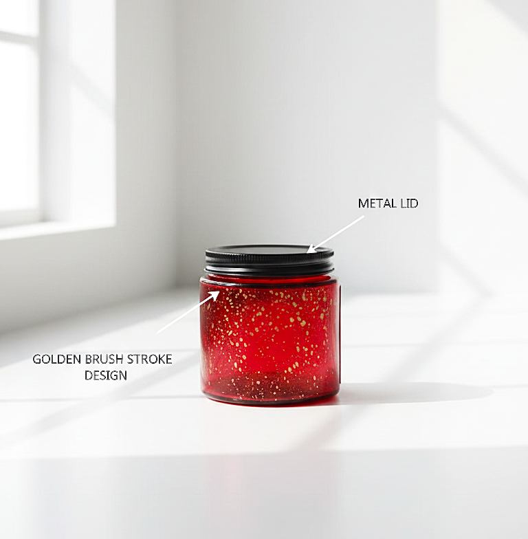 Luxury Golden Brush Stroke Patterned Soy Wax Candle With Black Metal Lid (RED)