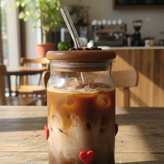 Heart Print Glass Tumbler with Wooden Lid & Straw