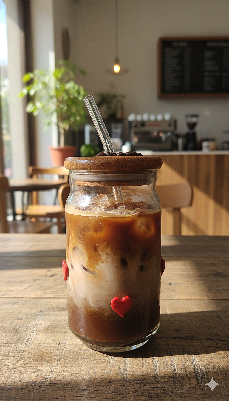 Heart Print Glass Tumbler with Wooden Lid & Straw