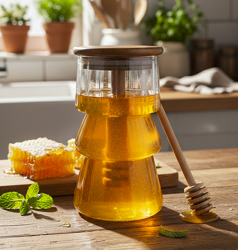 Puredrip Glass Honey Dispenser With Airtight Wooden Lid