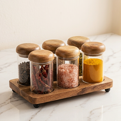 Premium 6-Piece Glass Spice Jar Set with Natural Wooden Tray and Airtight Lids | Clear Borosilicate Glass Food Storage Containers for Spices, Masalas, Dry Fruits, and Kitchen Pantry Organization