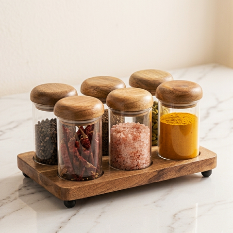 Premium 6-Piece Glass Spice Jar Set with Natural Wooden Tray and Airtight Lids | Clear Borosilicate Glass Food Storage Containers for Spices, Masalas, Dry Fruits, and Kitchen Pantry Organization