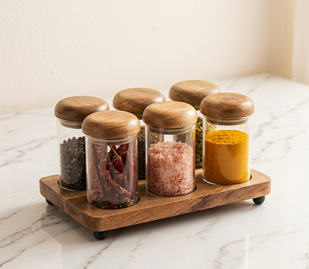 Premium 6-Piece Glass Spice Jar Set with Natural Wooden Tray and Airtight Lids | Clear Borosilicate Glass Food Storage Containers for Spices, Masalas, Dry Fruits, and Kitchen Pantry Organization