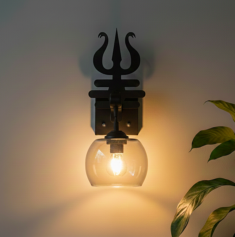 Trishul-Inspired Wall Sconce with Clear Glass Shade – Matte Black Finish