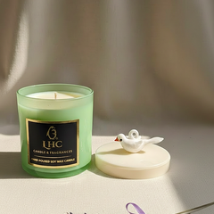 Modern Soy Wax Glass Candle With White Glass Lid Topped With White Bird [Mint Green]