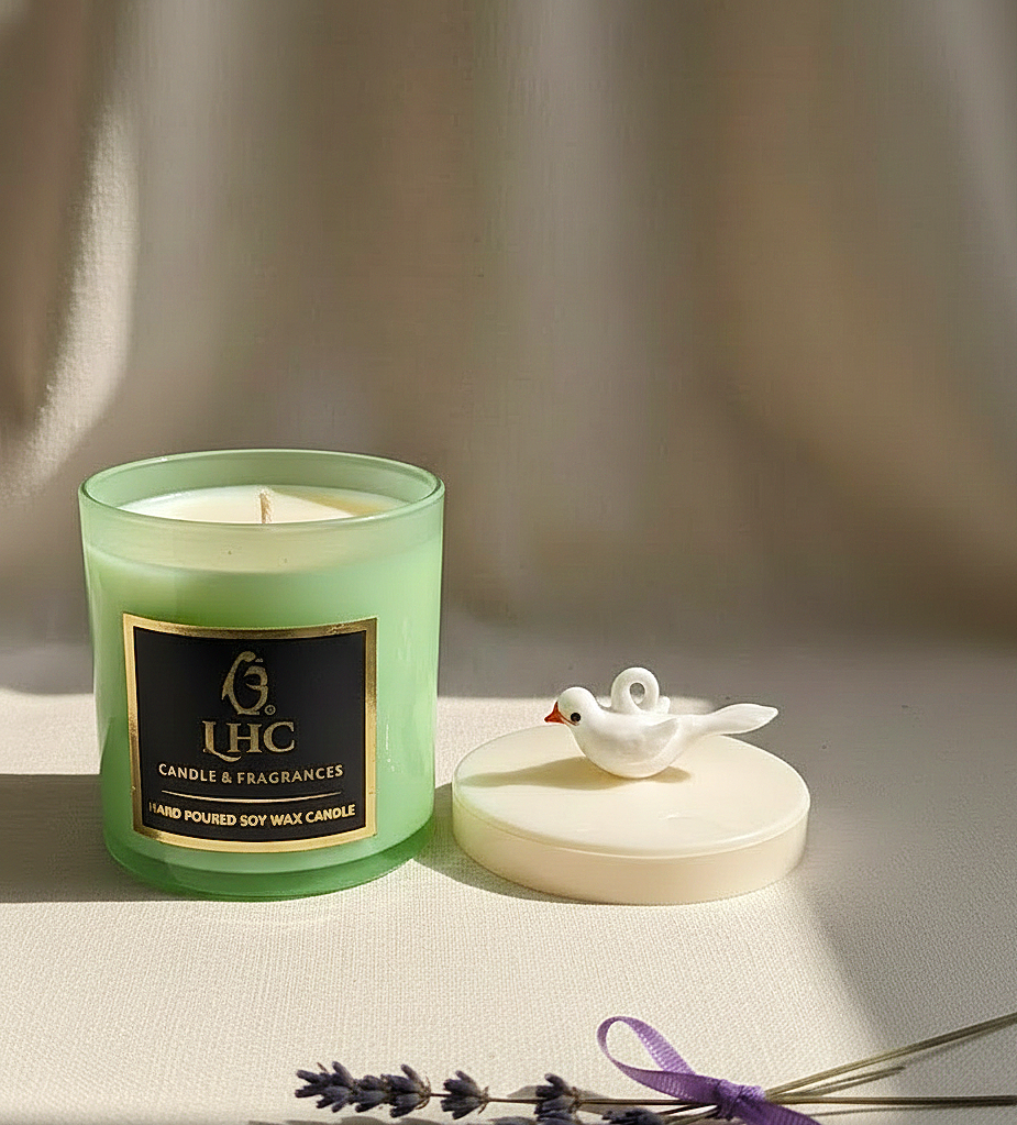 Modern Soy Wax Glass Candle With White Glass Lid Topped With White Bird [Mint Green]