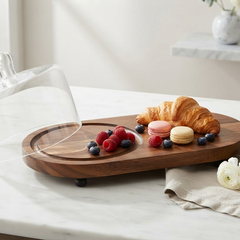 Premium Acacia Wood Oval Serving Board with Glass Cloche Dome – Footed Charcuterie Platter & Cake Display Stand – Elegant Pastry, Cheese, and Snack Tray for Kitchen Countertops & Entertaining