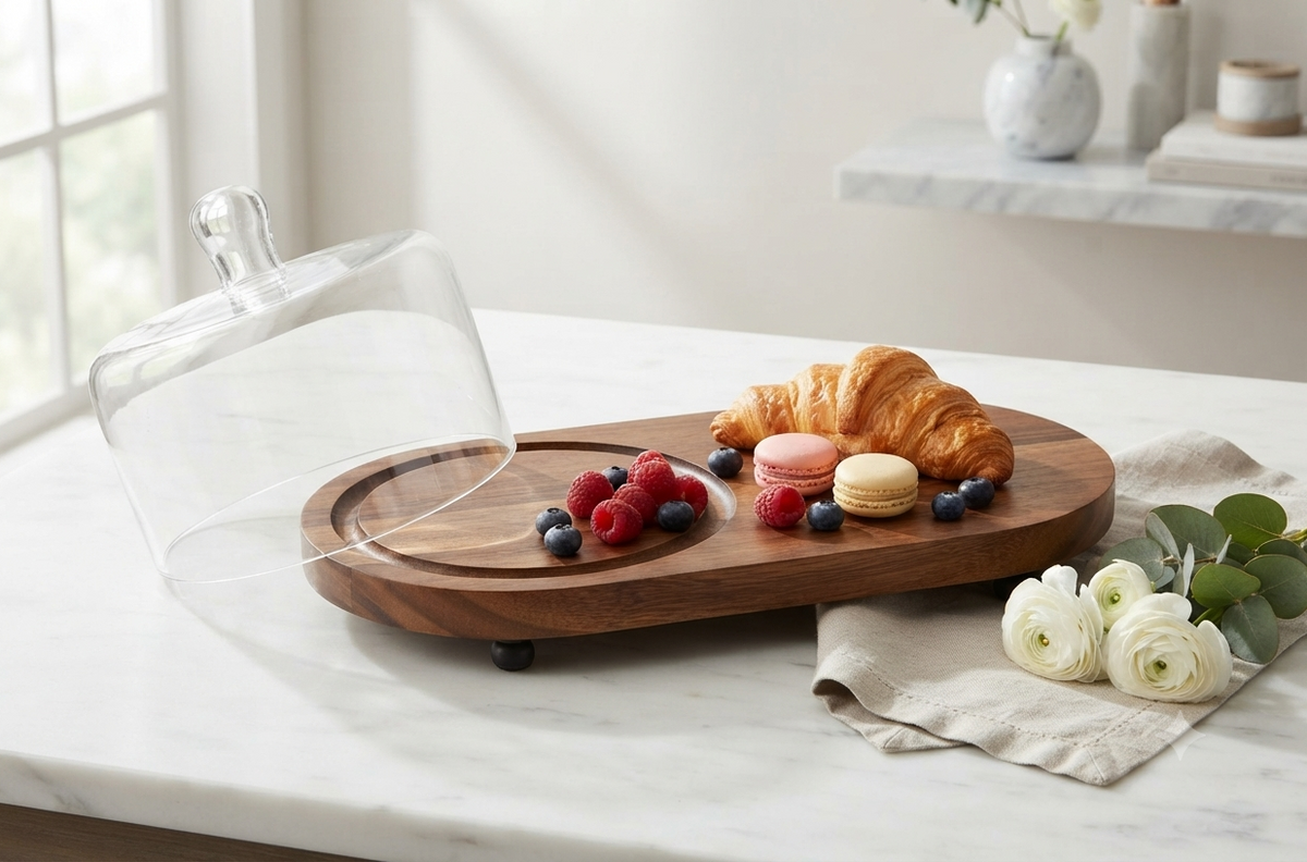 Premium Acacia Wood Oval Serving Board with Glass Cloche Dome – Footed Charcuterie Platter & Cake Display Stand – Elegant Pastry, Cheese, and Snack Tray for Kitchen Countertops & Entertaining