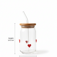 Heart Print Glass Tumbler with Wooden Lid & Straw