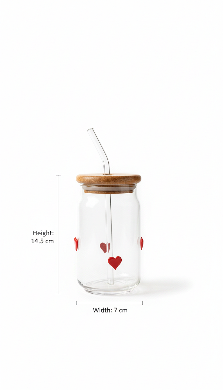 Heart Print Glass Tumbler with Wooden Lid & Straw
