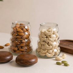 Premium Wavy Ripple Glass Jar Set of 2 with Handcrafted Wooden Lids and Serving Tray | Airtight Clear Glass Containers for Dry Fruits, Snacks, Spices, Tea & Coffee, 2 Jars & 1 Tray Combo