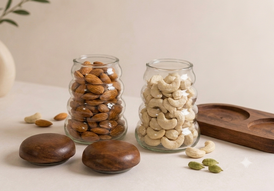 Premium Wavy Ripple Glass Jar Set of 2 with Handcrafted Wooden Lids and Serving Tray | Airtight Clear Glass Containers for Dry Fruits, Snacks, Spices, Tea & Coffee, 2 Jars & 1 Tray Combo