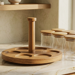 Premium 6-Piece Glass Spice Jar Set with Rotating Wooden Organizer Stand | Airtight Bamboo Lids | Heavy Duty Borosilicate Glass Canisters for Spices, Countertop, Kitchen & Pantry Storage
