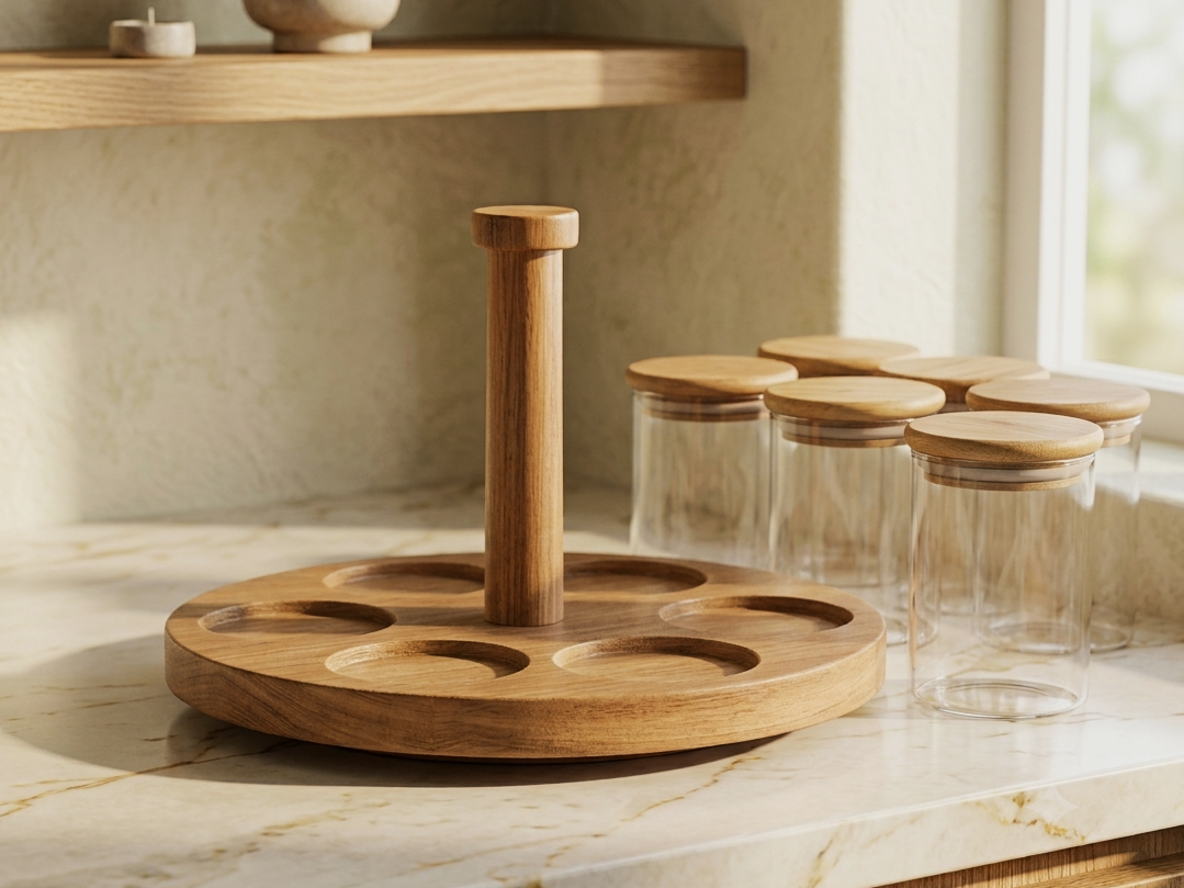 Premium 6-Piece Glass Spice Jar Set with Rotating Wooden Organizer Stand | Airtight Bamboo Lids | Heavy Duty Borosilicate Glass Canisters for Spices, Countertop, Kitchen & Pantry Storage