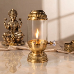Pure Brass Akhand Diya with Glass Chimney & Adjustable Wick Knob | Long Burning Traditional Oil Lamp for Pooja, Home Mandir, Diwali & Festive Gifting