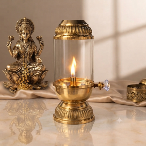 Pure Brass Akhand Diya with Glass Chimney & Adjustable Wick Knob | Long Burning Traditional Oil Lamp for Pooja, Home Mandir, Diwali & Festive Gifting