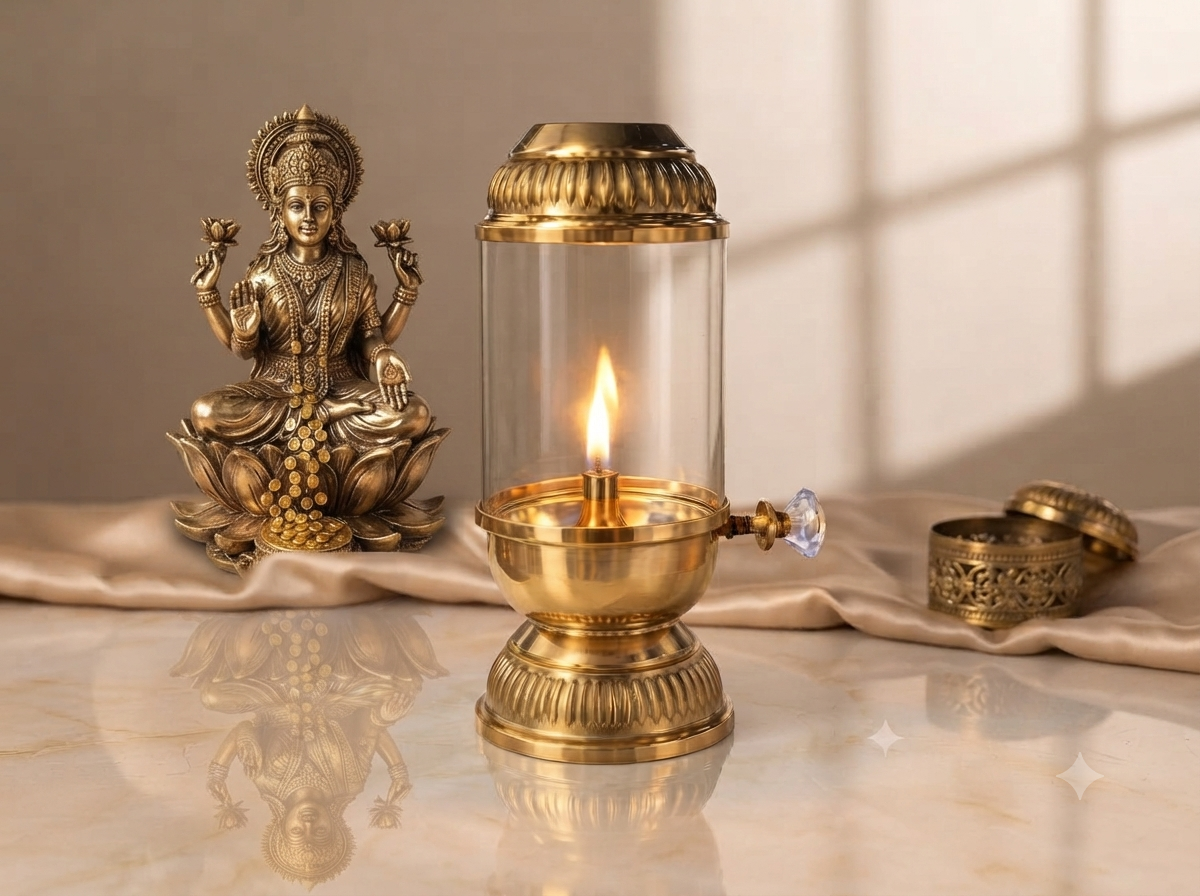 Pure Brass Akhand Diya with Glass Chimney & Adjustable Wick Knob | Long Burning Traditional Oil Lamp for Pooja, Home Mandir, Diwali & Festive Gifting