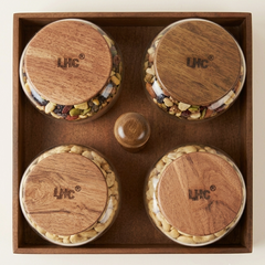 4-Piece Premium Glass Nut Jar Set with Wooden Lazy Susan Organizer Tray