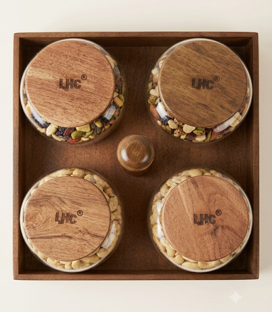 4-Piece Premium Glass Nut Jar Set with Wooden Lazy Susan Organizer Tray