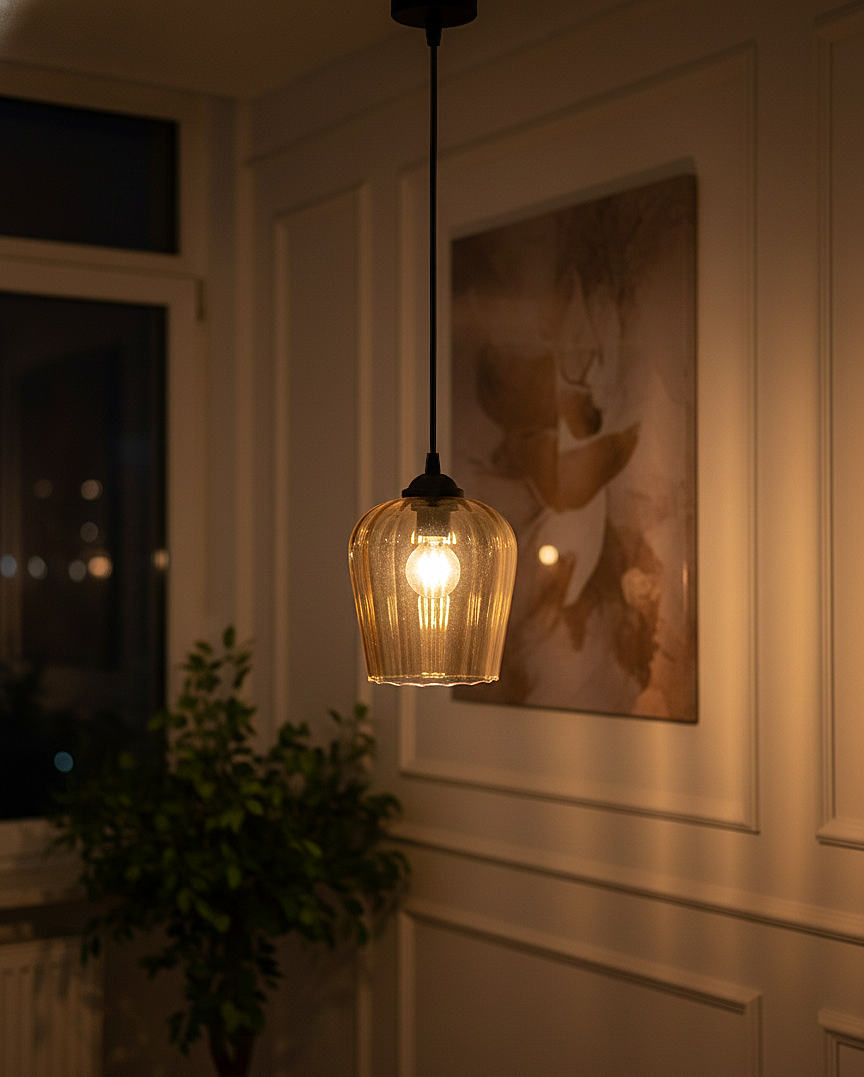 Amber Ribbed Glass Pendant Light