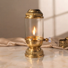 Pure Brass Akhand Diya with Glass Chimney & Adjustable Wick Knob | Long Burning Traditional Oil Lamp for Pooja, Home Mandir, Diwali & Festive Gifting