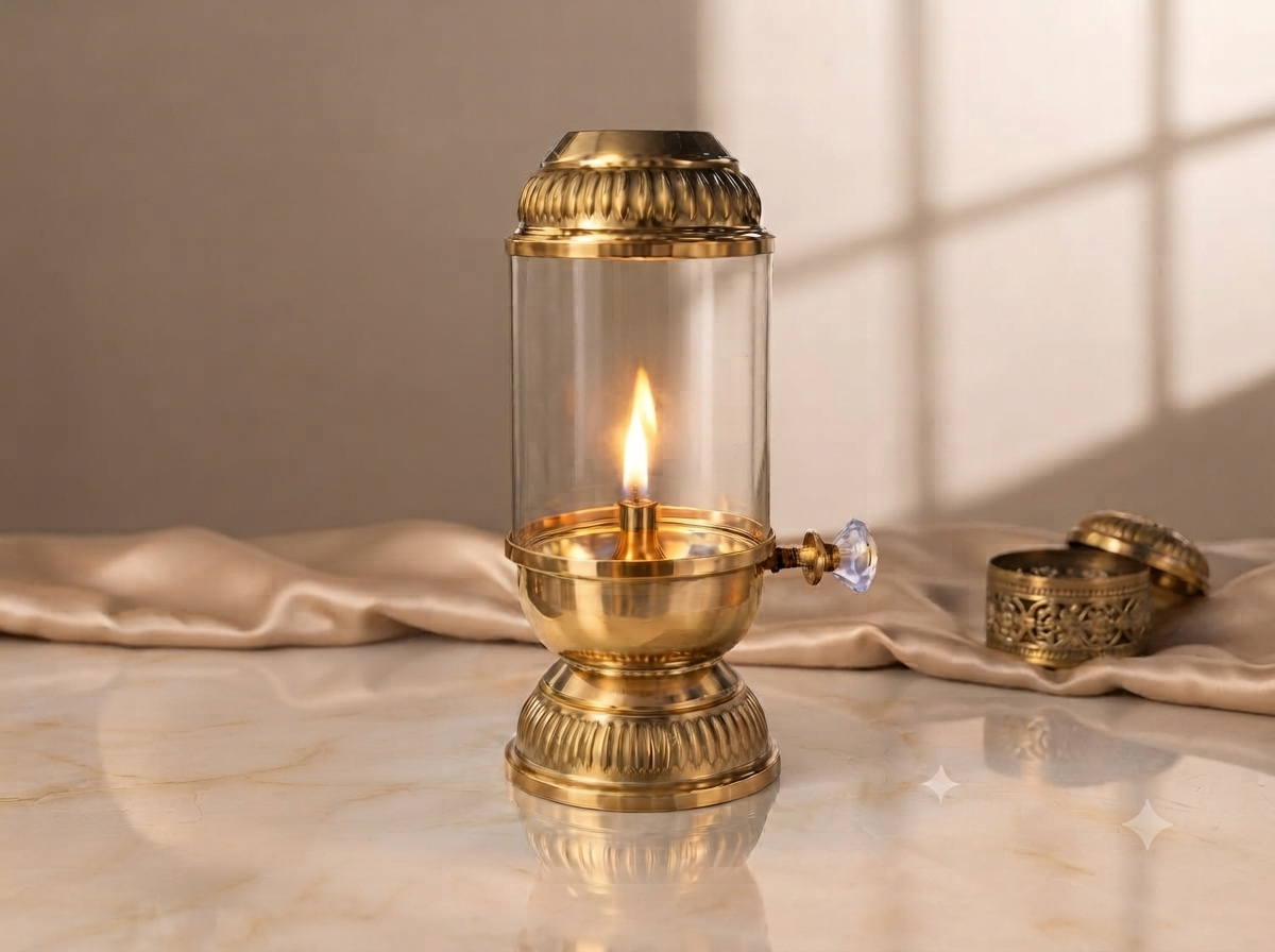 Pure Brass Akhand Diya with Glass Chimney & Adjustable Wick Knob | Long Burning Traditional Oil Lamp for Pooja, Home Mandir, Diwali & Festive Gifting