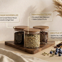 Premium  Glass Storage Jars with Airtight Wooden Lids & Tray (Set of 3) | 3-Piece Minimalist Food Canister Set for Kitchen Countertop & Pantry Organization | Ideal for Coffee Beans, Tea Leaves, Sugar, & Snacks