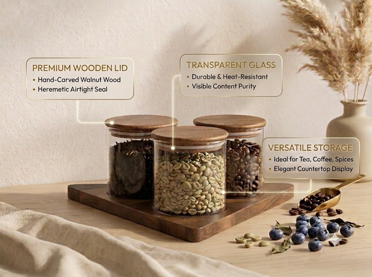 Premium  Glass Storage Jars with Airtight Wooden Lids & Tray (Set of 3) | 3-Piece Minimalist Food Canister Set for Kitchen Countertop & Pantry Organization | Ideal for Coffee Beans, Tea Leaves, Sugar, & Snacks