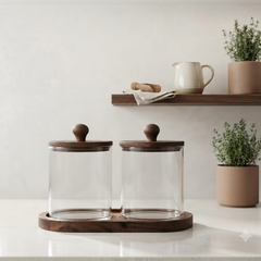 Premium Glass Storage Canister Set of 2 with Matching Acacia Wood Lids and Base Tray – Airtight  Kitchen Jar Organizer for Coffee, Sugar, Tea, Spices, and Countertop Decor