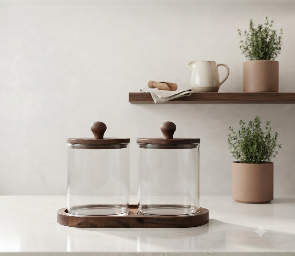 Premium Glass Storage Canister Set of 2 with Matching Acacia Wood Lids and Base Tray – Airtight  Kitchen Jar Organizer for Coffee, Sugar, Tea, Spices, and Countertop Decor