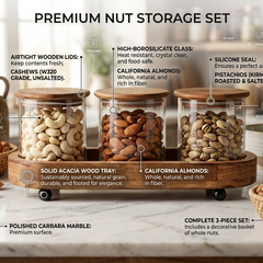 Premium 3-Piece  Glass Storage Canister Set with Airtight Acacia Wood Lids and Footed Serving Tray – Elegant Kitchen Countertop Spice, Snack, and Dry Food Organizer Canisters