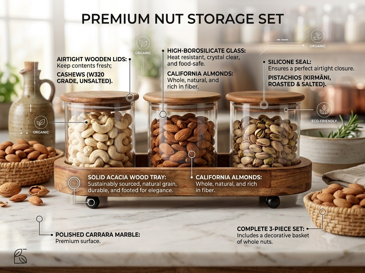 Premium 3-Piece  Glass Storage Canister Set with Airtight Acacia Wood Lids and Footed Serving Tray – Elegant Kitchen Countertop Spice, Snack, and Dry Food Organizer Canisters