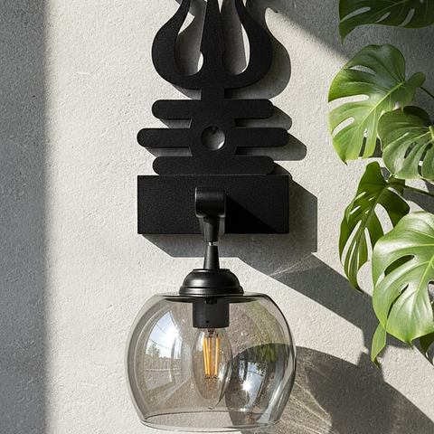 Trishul-Inspired Wall Sconce with Black Glass Shade – Matte Black Finish