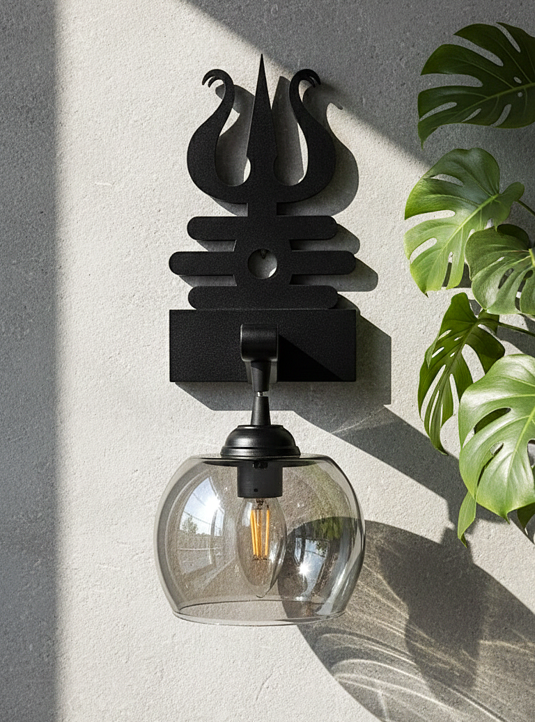 Trishul-Inspired Wall Sconce with Clear Glass Shade – Matte Black Finish
