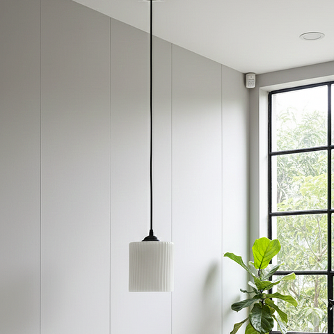 Minimal Frosted White Ribbed Cylinder Pendant Lamp (White)