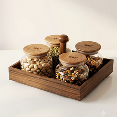 4-Piece Premium Glass Nut Jar Set with Wooden Lazy Susan Organizer Tray