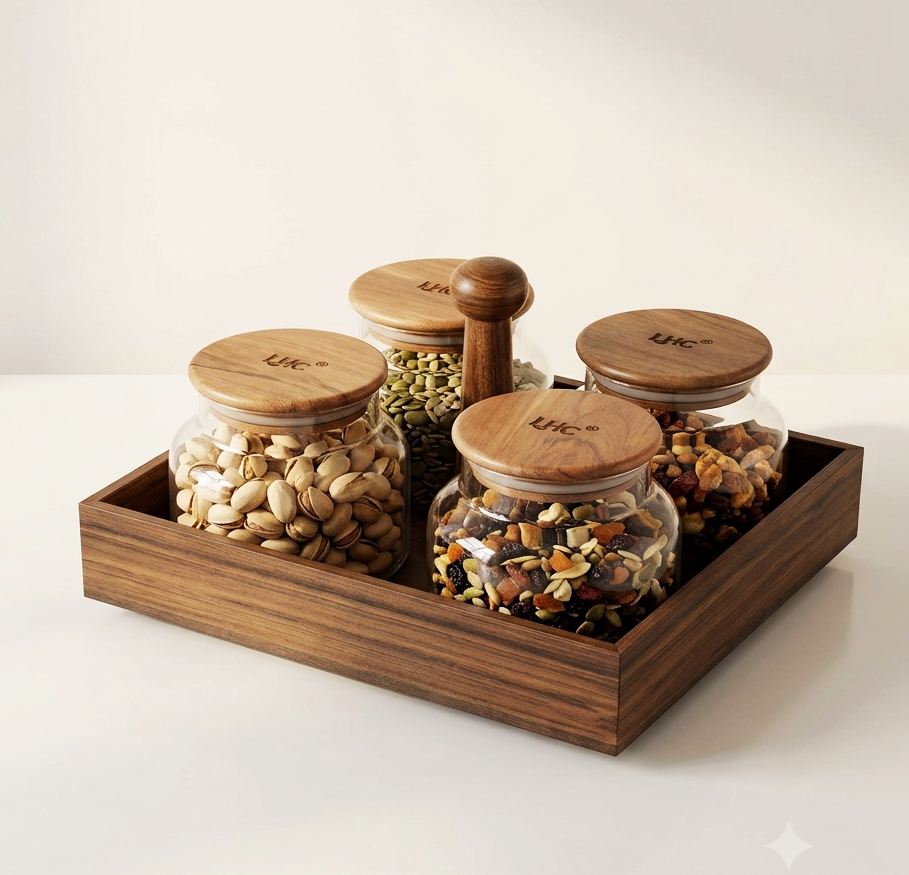 4-Piece Premium Glass Nut Jar Set with Wooden Lazy Susan Organizer Tray