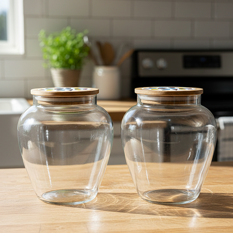 Clear Glass Storage Jars With Patterned Airtight Wooden Lid – Premium Dry Fruit Container [Set Of 2]