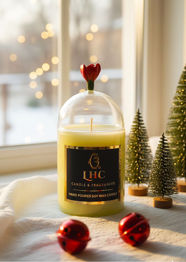 Festive Glass Dome Soy Wax Candle Topped With Red Rose
