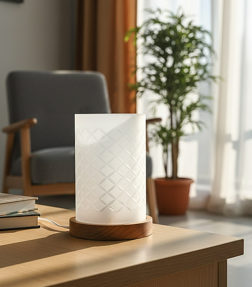 Minimal Frosted Table Lamp with Wooden Base