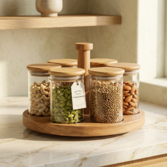 Premium 6-Piece Glass Spice Jar Set with Rotating Wooden Organizer Stand | Airtight Bamboo Lids | Heavy Duty Borosilicate Glass Canisters for Spices, Countertop, Kitchen & Pantry Storage