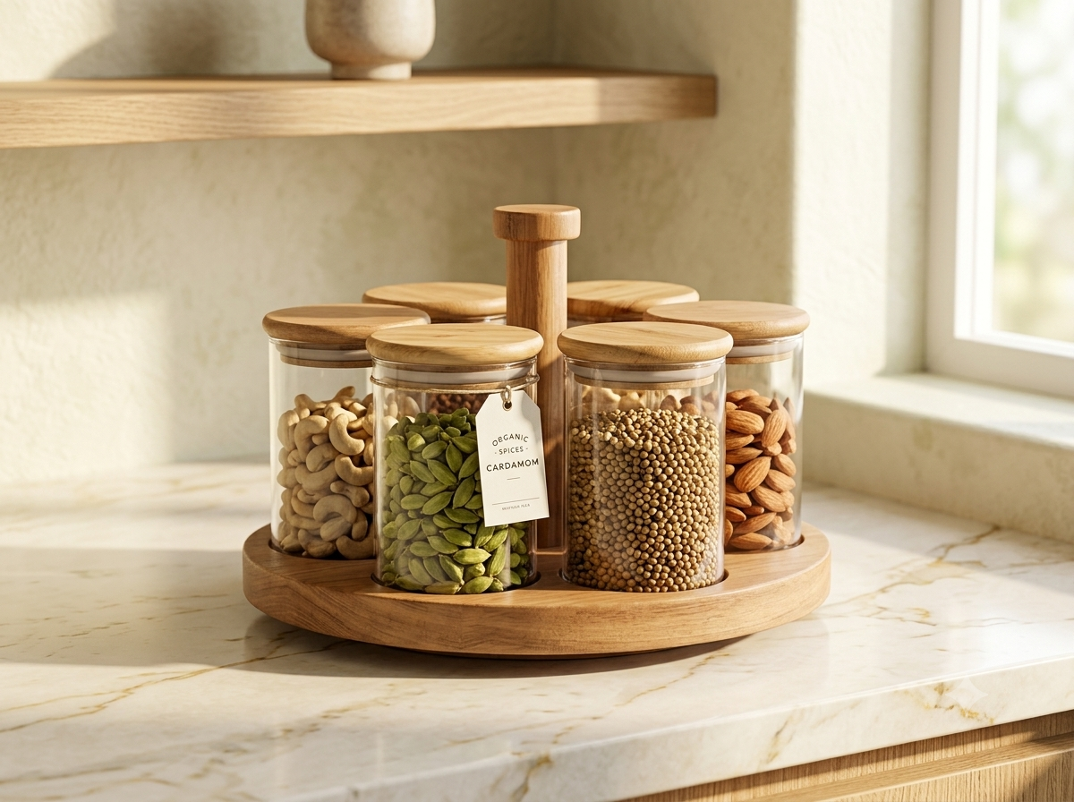 Premium 6-Piece Glass Spice Jar Set with Rotating Wooden Organizer Stand | Airtight Bamboo Lids | Heavy Duty Borosilicate Glass Canisters for Spices, Countertop, Kitchen & Pantry Storage