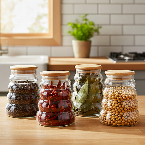 Beehive Glass Storage Jars with Wooden Lids (Set of 4)