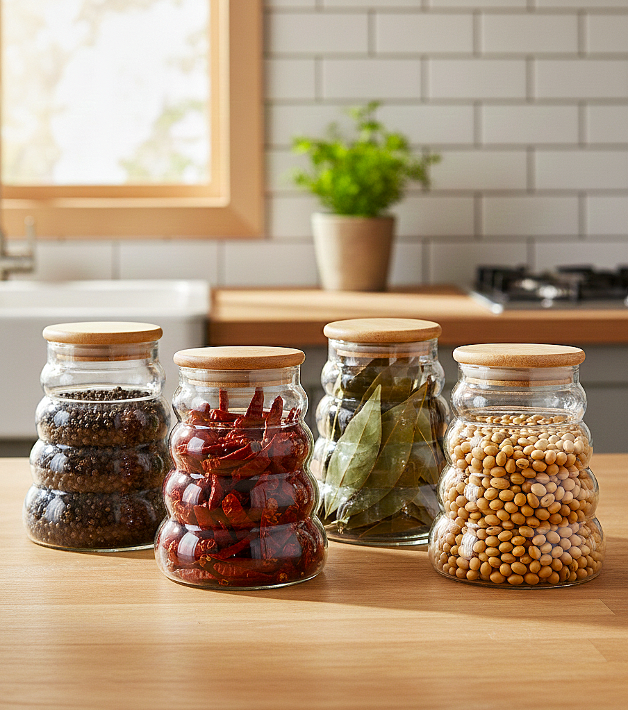 Beehive Glass Storage Jars with Wooden Lids (Set of 4)