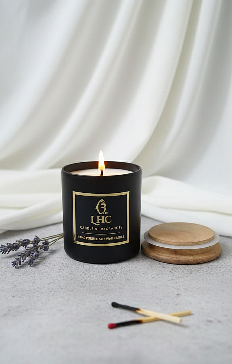 Luxury Black Glass Soy Wax Candle with Wooden Lid