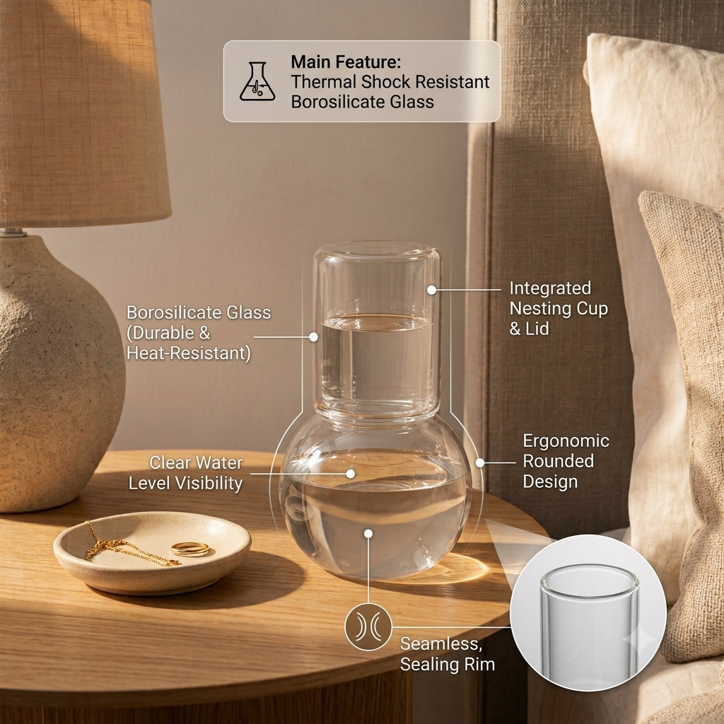 Premium Borosilicate Bedside Water Carafe and Glass Set (2-Piece) | Elegant Spherical Glass Pitcher with Tumbler Lid for Nightstand, Bedroom, Guest Room & Office Desk | Clear Decanter
