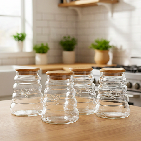 Beehive Glass Storage Jars with Wooden Lid [Set of 4]